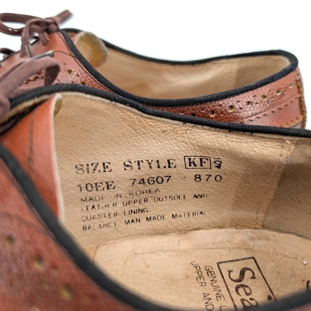 Sears‎ Mens Brown Pebble Grain Leather Wingtip Oxford Dress Shoes Distressed